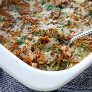 keto green bean casserole in a white casserole dish