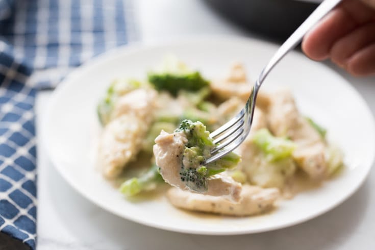 chicken and broccoli in a low carb alfredo sauce plated with a bite on a fork