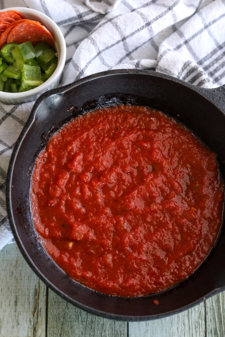 low carb marinara sauce in a cast iron skillet