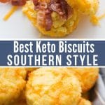 Image of the best keto biscuits with bacon and sausage on them.