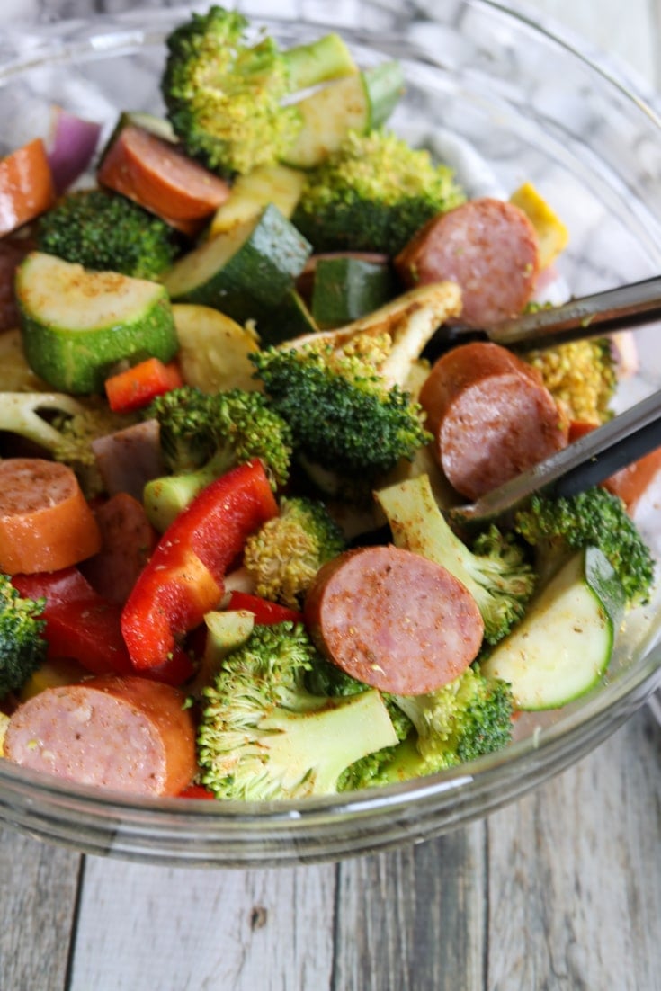Keto smoked sausage and vegetables in a bowl