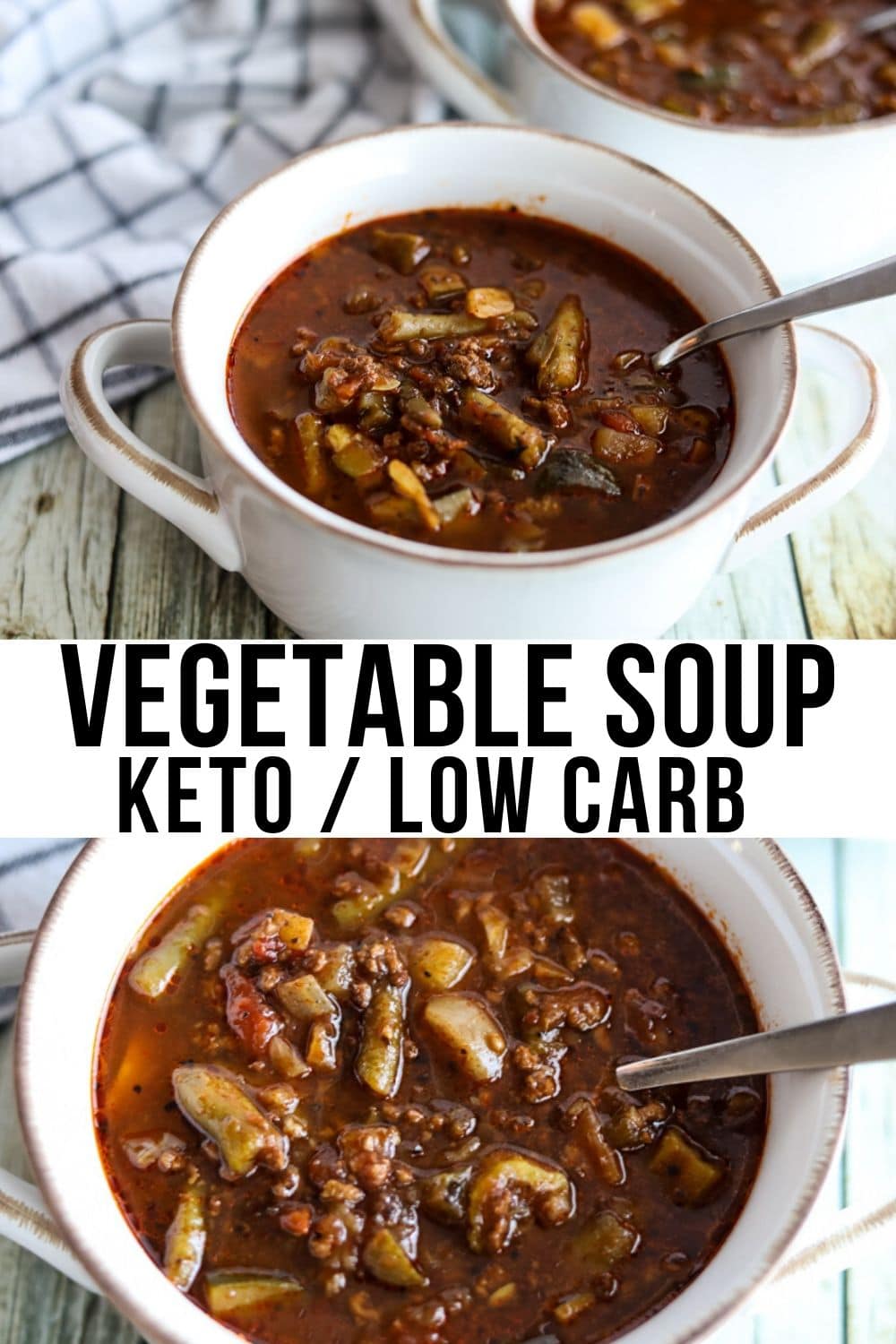 collage of two pictures with low carb vegetable soup in a white bowl