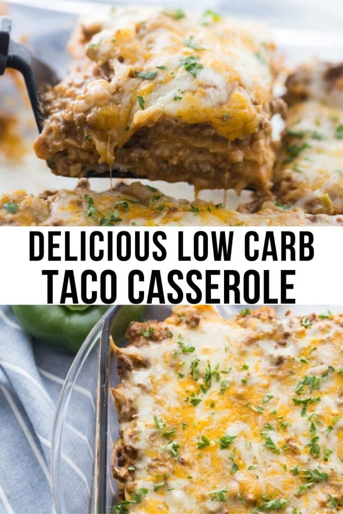 Two shots of this a taco casserole in a casserole dish and a slice removed