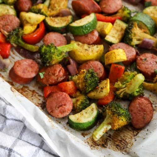 sheet pan polish sausage + vegetables - Adoring Kitchen %