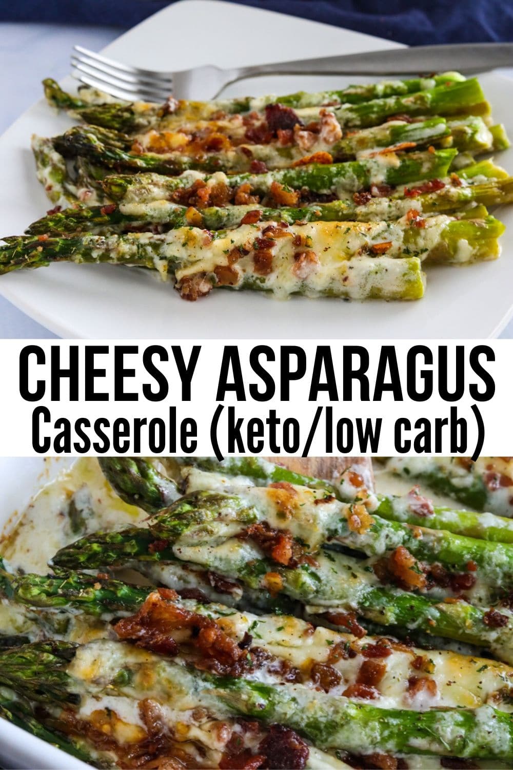 Collage of asparagus casserole on a white plate, and in a white pan.