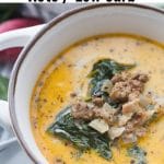 A picture of Keto Zuppa Toscana Soup in a white bowl 