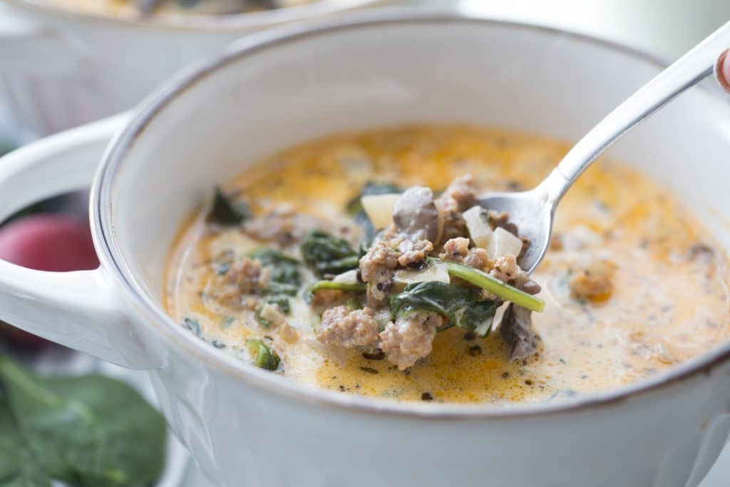 A picture of Keto Zuppa Soup in a white bowl 