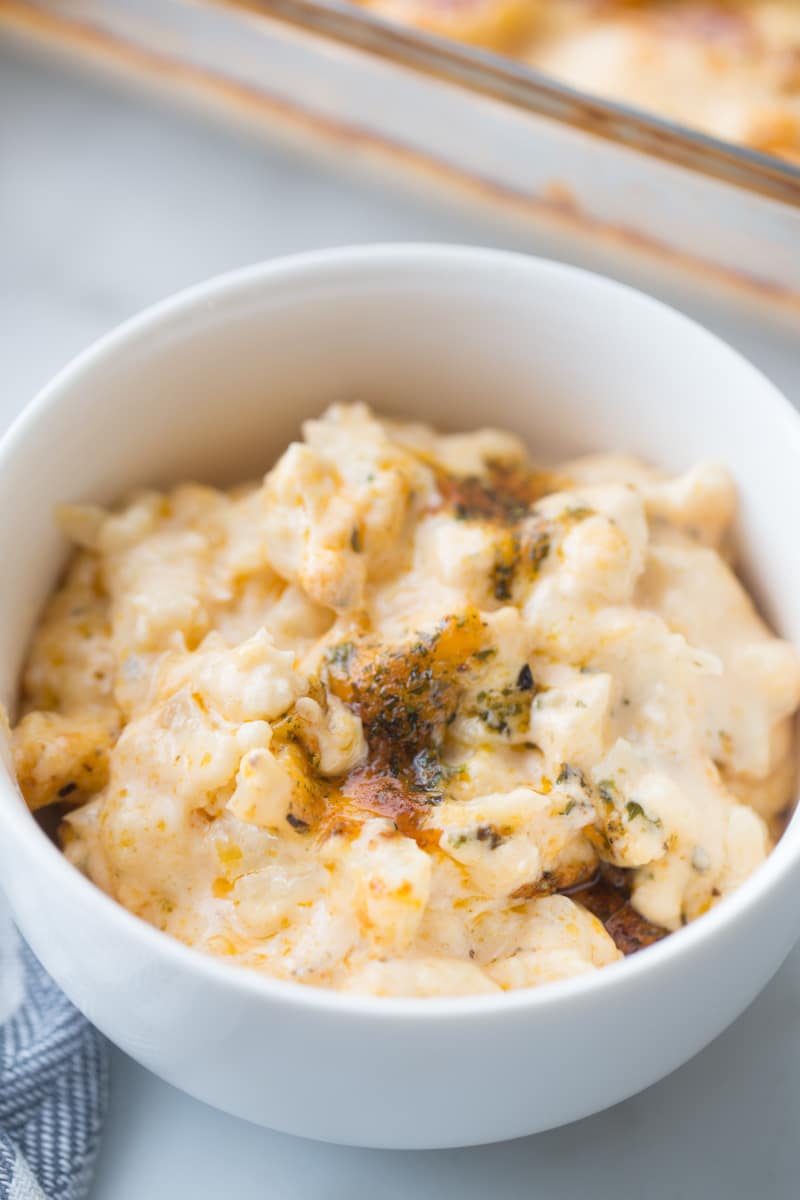 cauliflower and cheese in a white bowl
