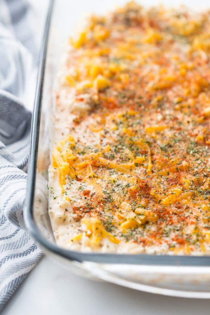 keto mac and cheese in a casserole baking dish