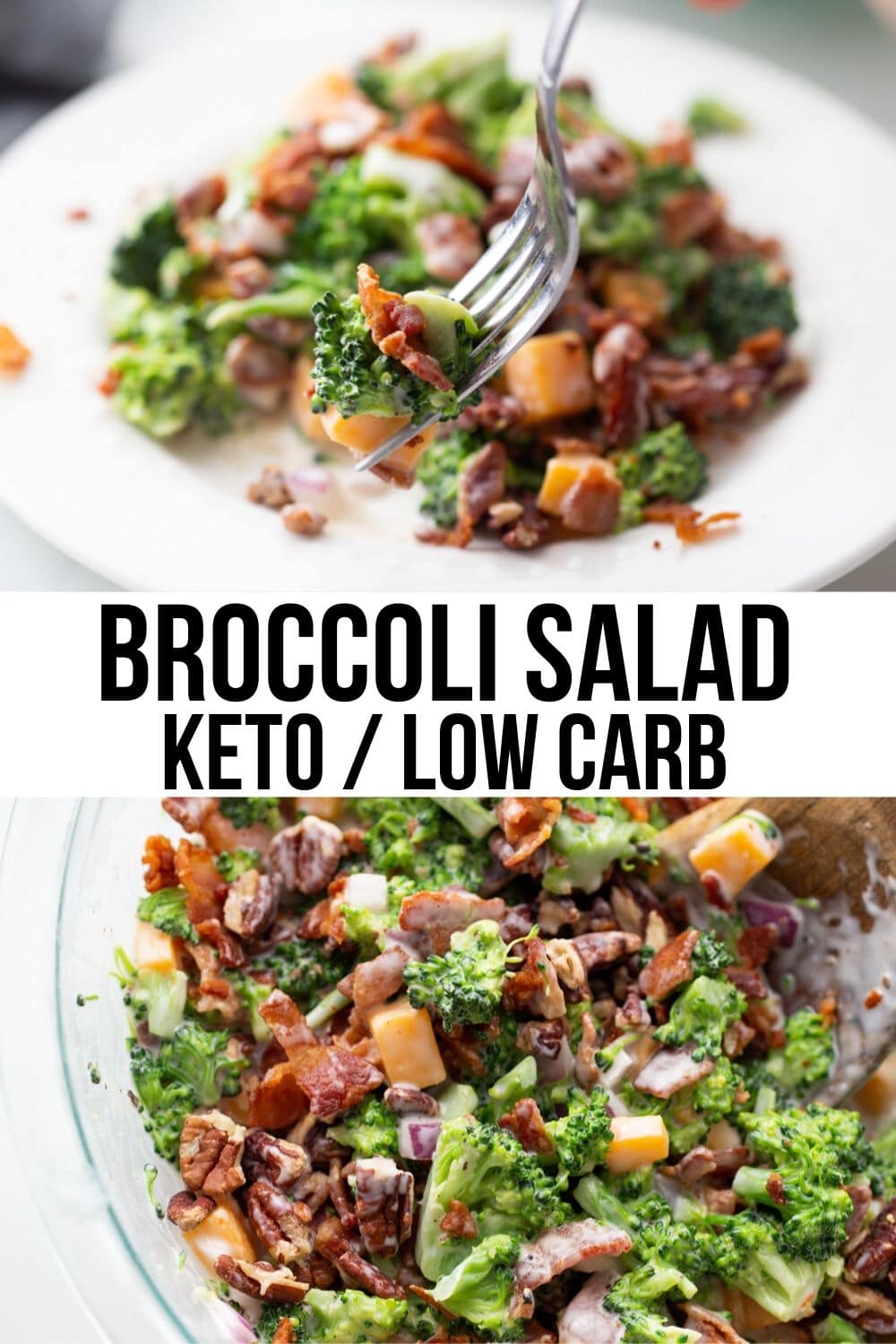 keto broccoli salad in a bowl with bacon and cheese