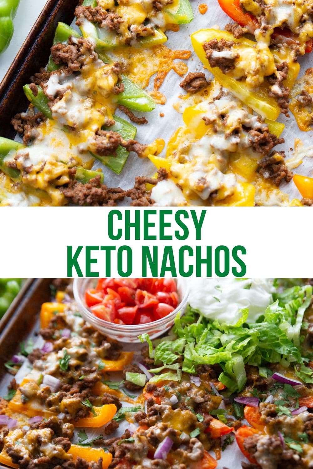 ground beef keto nachos with bell peppers and toppings on baking sheet