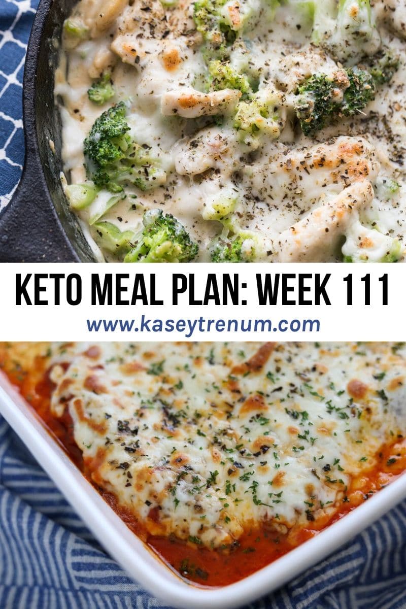 Collage of two keto dinner ideas for meal plan. One is keto Alfredo and the other Italian Sausage Bake 