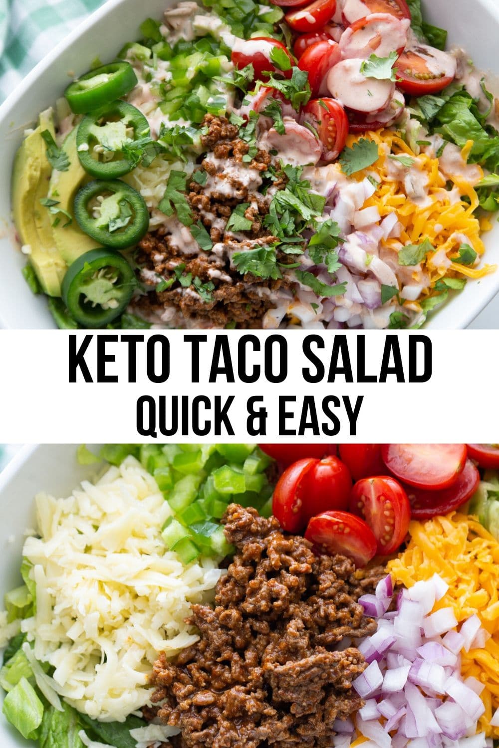 healthy gluten free taco salad with ground beef, cheese, dressing and avocados in a white bowl