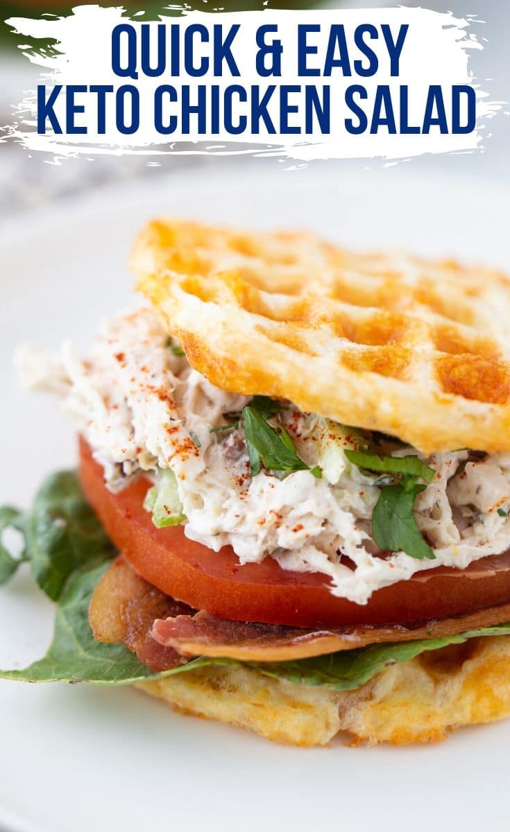 keto chicken salad served on a chaffle with lettice and tomato