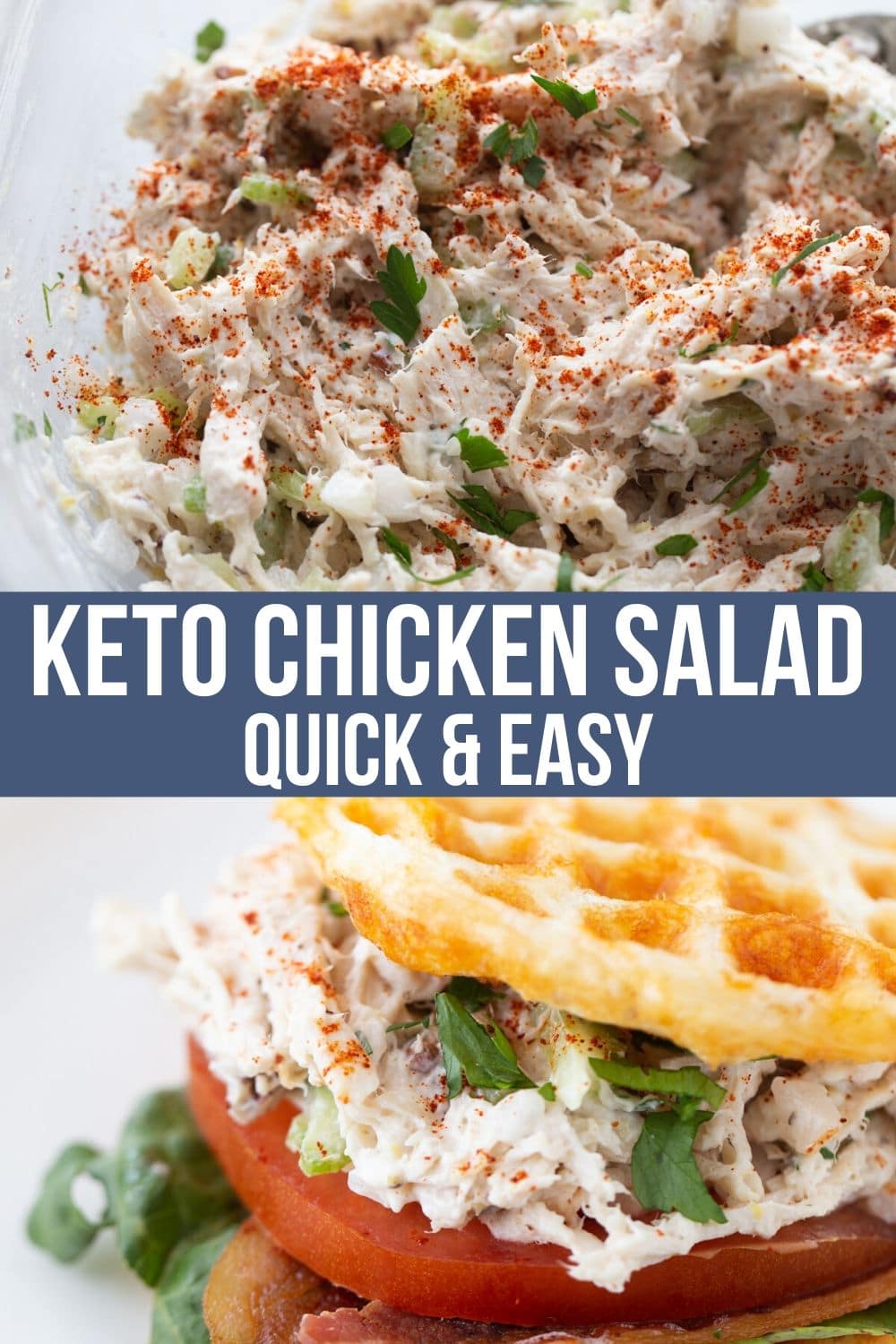keto chicken salad recipe in a bowl and on a chaffle