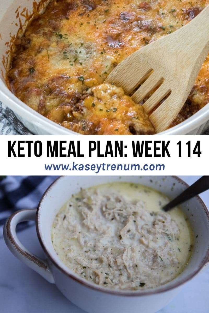 keto meal plan graphic with two keto recipe images 