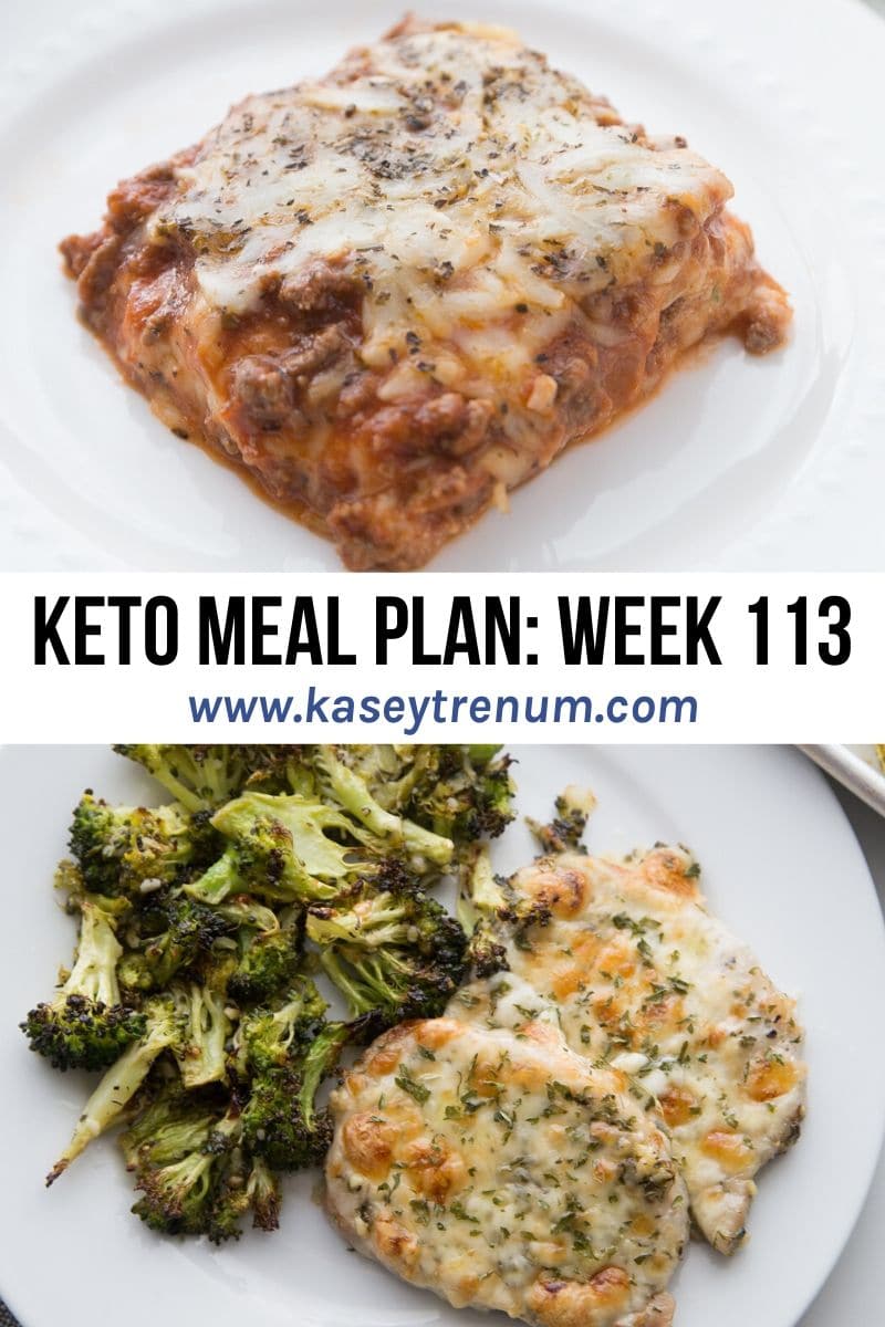 Collage of two images for keto meal plan with keto lasagna on the top and baked pork chops on the bottom 