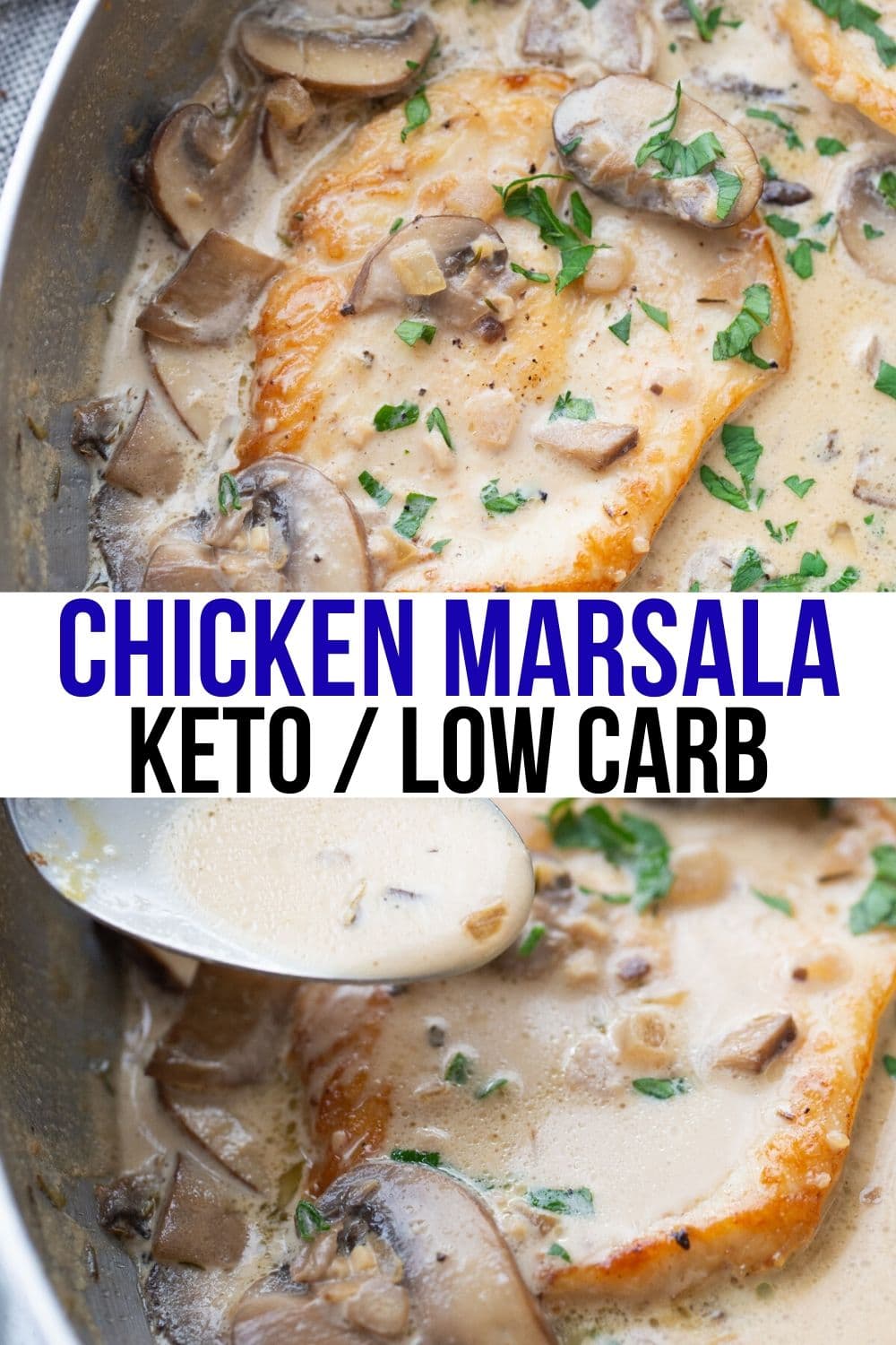 keto chicken marsala in a skillet with cream sauce over top