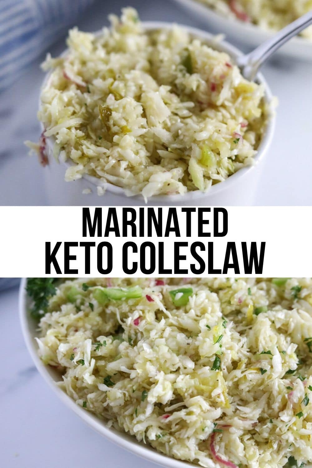 keto coleslaw recipe with freshly chopped herbs in a white bowl