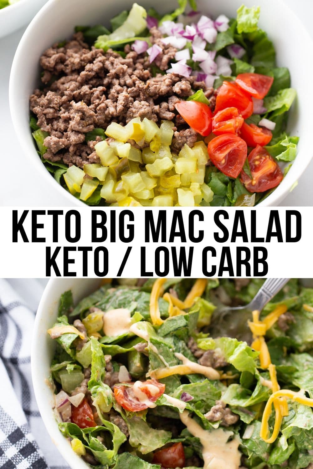 keto big mac salad in a white bowl with shredded cheese on top