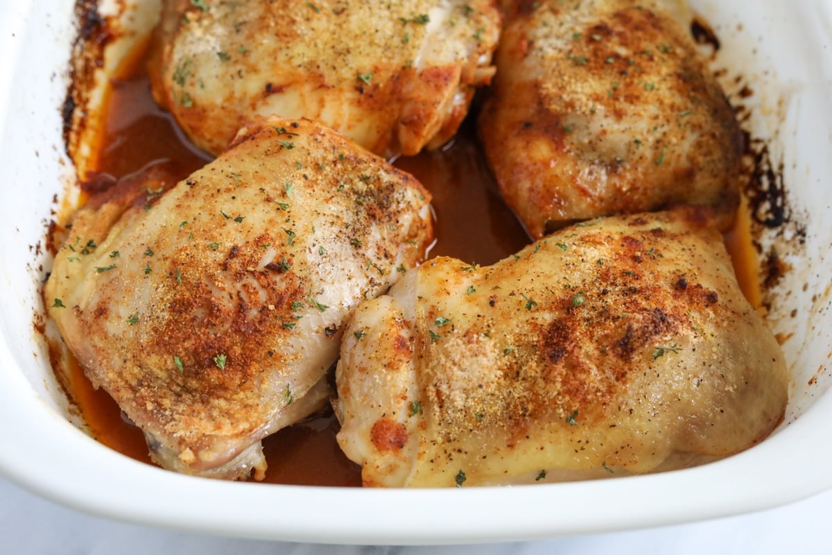 oven roasted chicken thighs in a baking dish