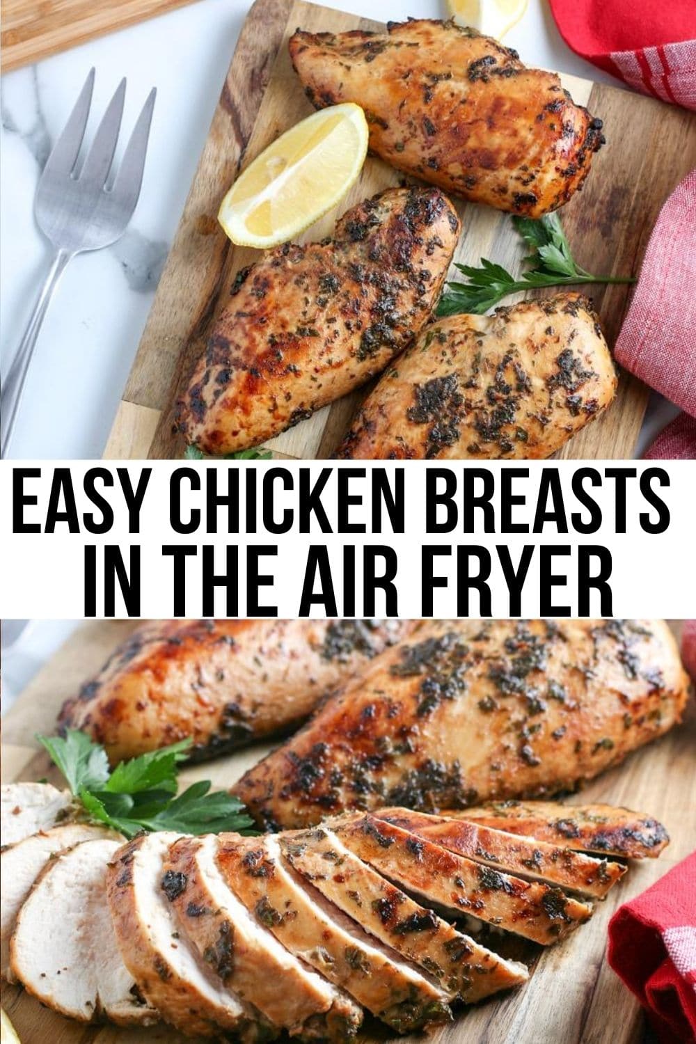 air fryer chicken breasts without breading on a cutting board sliced