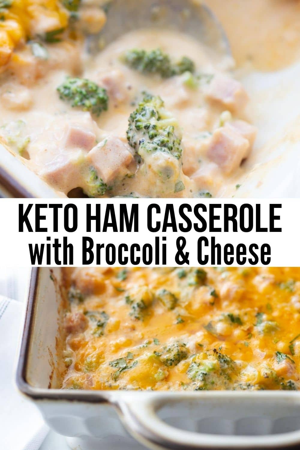 baked keto broccoli ham casserole in a casserole dish with a spoon