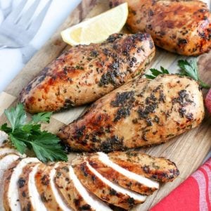 air fryer chicken breasts on a cutting board