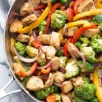 chicken stir fry with vegetables in a skillet