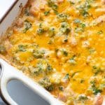 low carb broccoli and cheddar casserole with ham in a baking dish