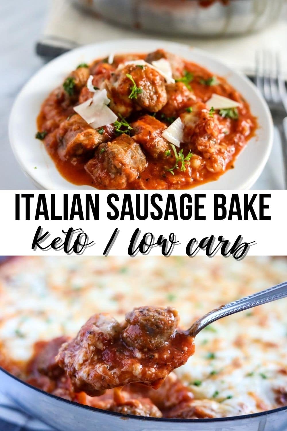 Baked Italian Sausage Parm Casserole in a baking dish
