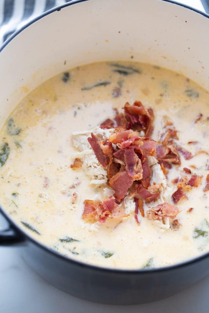 crack chicken keto soup with bacon crumbled on top