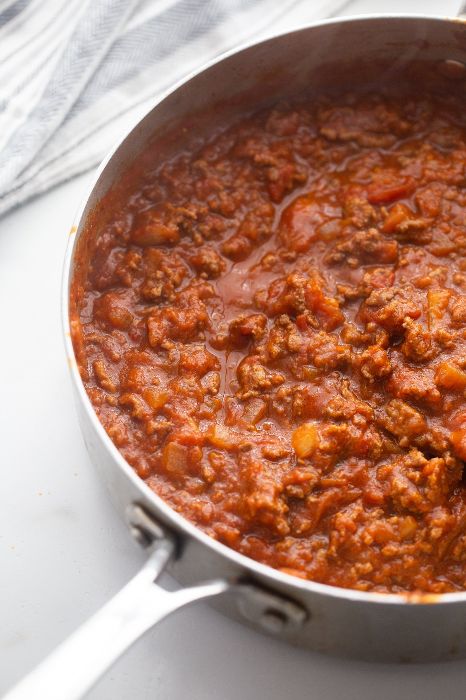 low carb spaghetti sauce in skillet for keto spaghetti casserole 