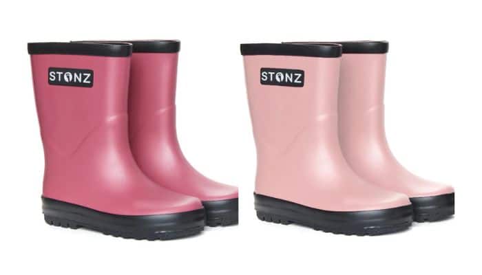 collage of stonz rain boot - one in dusty pink the other in light pink
