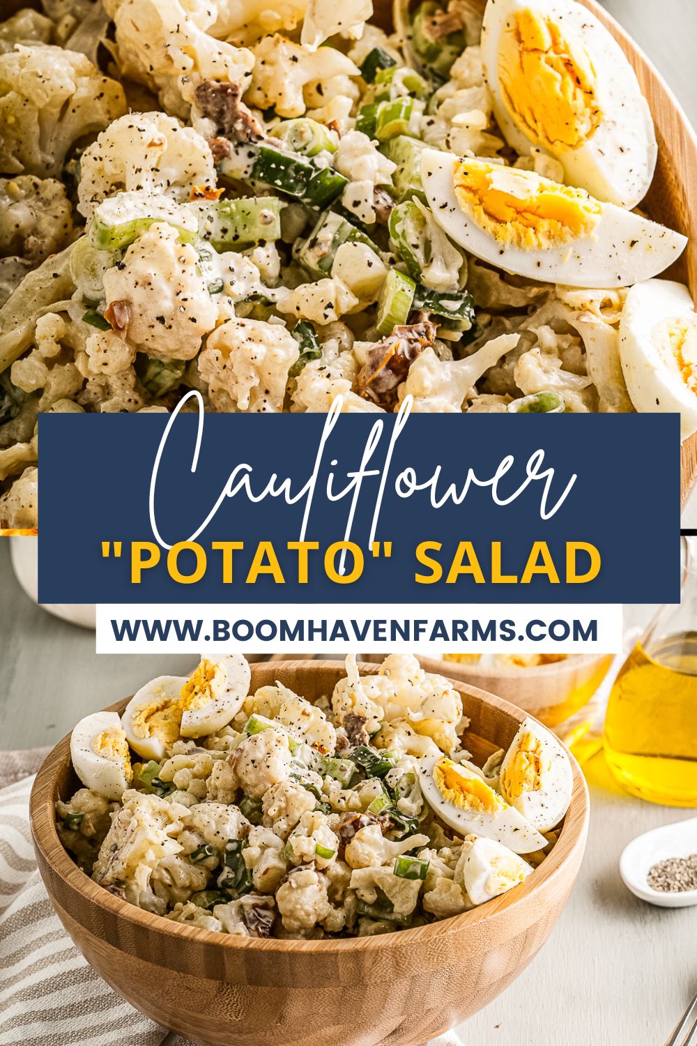 collage image of faux keto potato salad with cauliflower