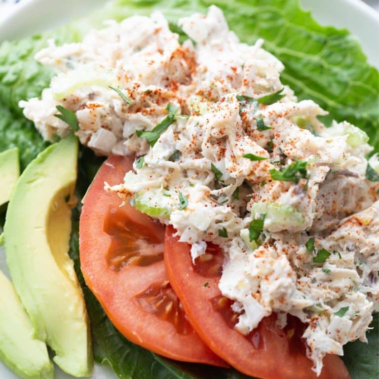 close shot of low carb chicken salad on lettuce