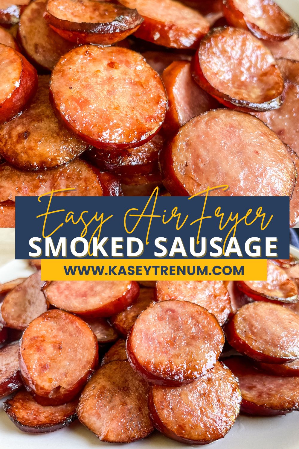 collage of 2 close shot images of air fried smoked sausage