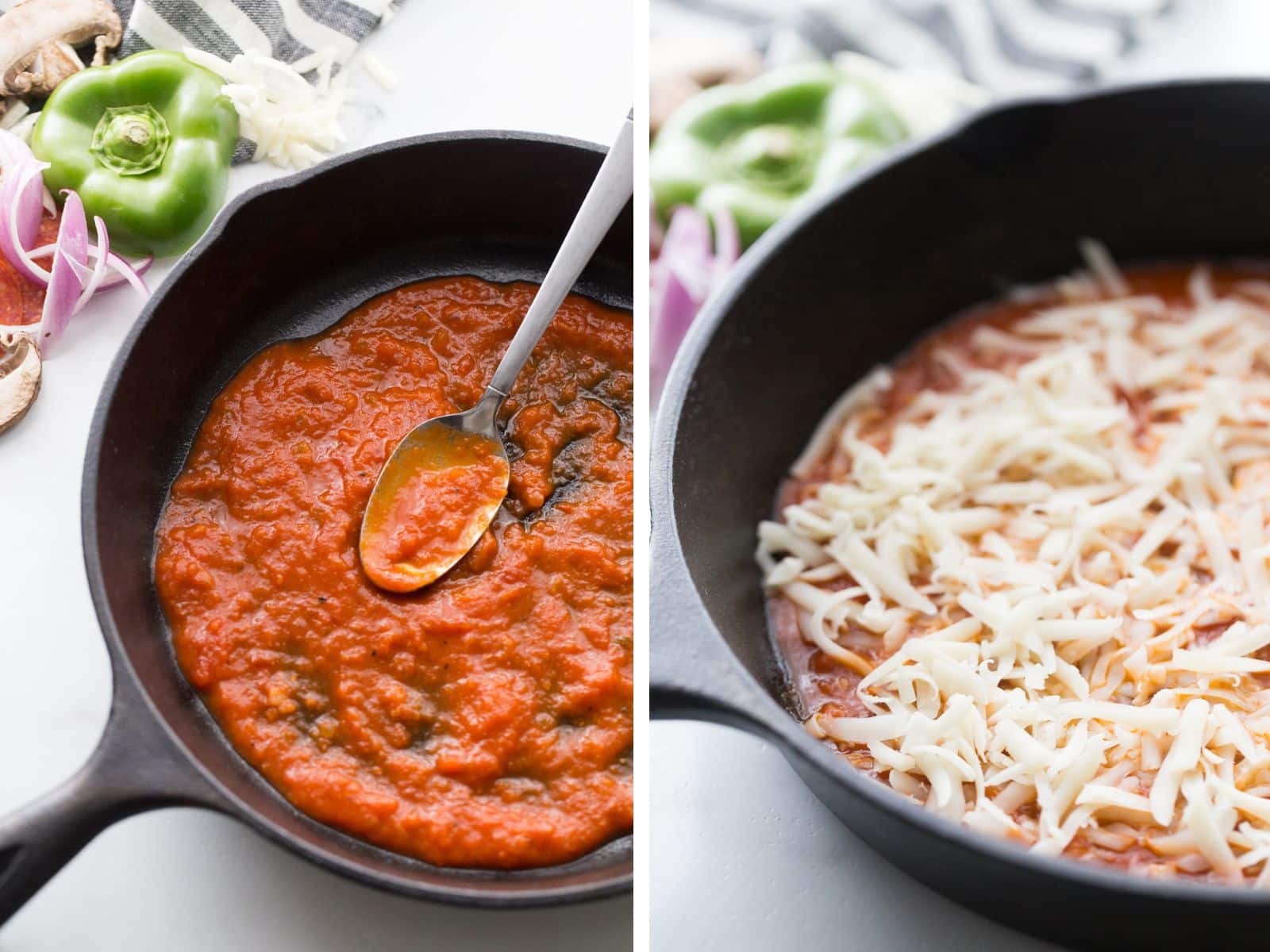 step 1 and 2 of making crustless pizza first images has marinara sauce in a skillet the second shows moxeeralla sauce that has been added to pizza sauce 