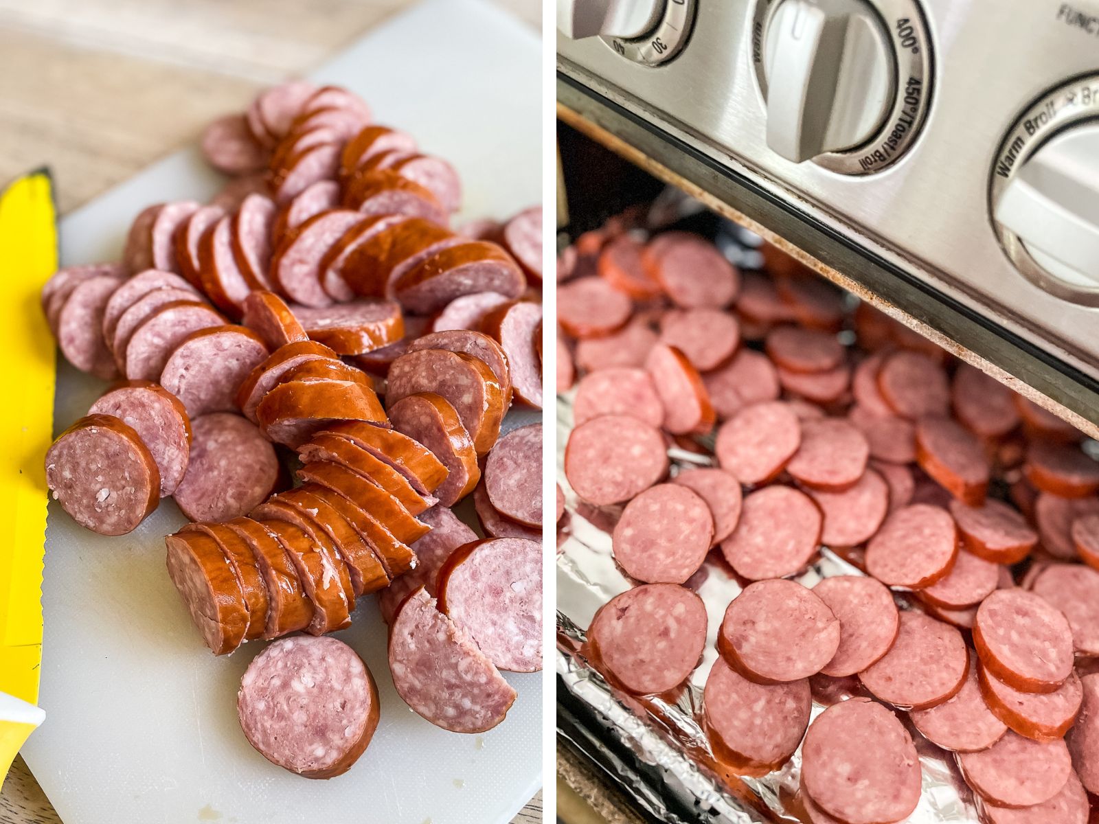 collage of slices of smoked sausage on cutting board and in the air fryer