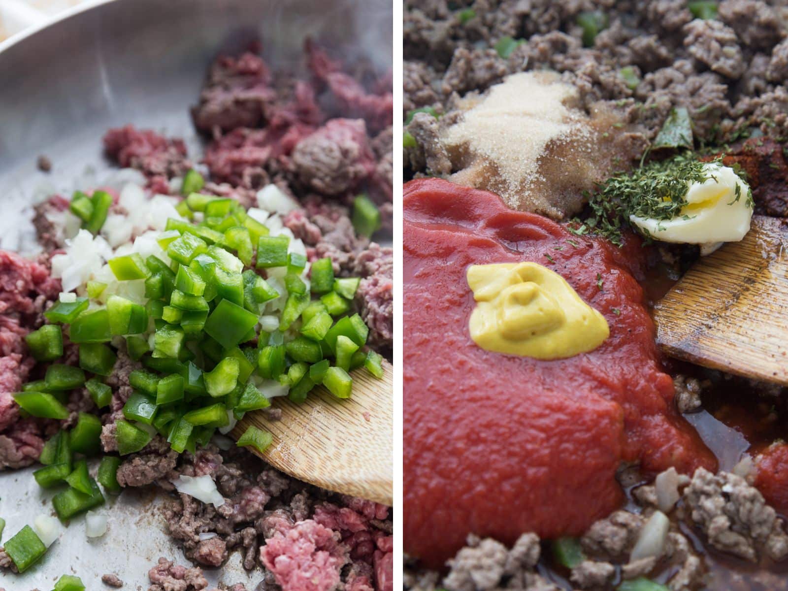 process image of browning ground beef and adding other ingredients to skillet for low-carb sloppy joes 