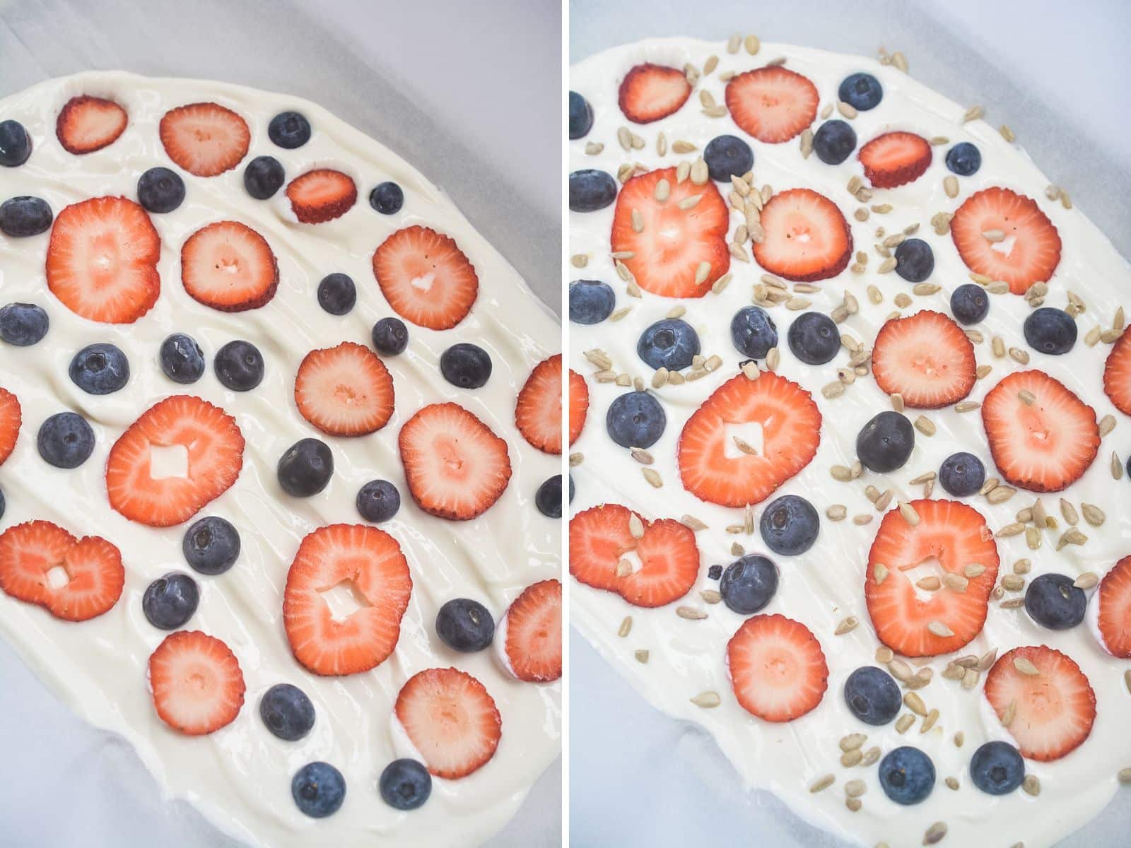 Vanilla yogurt spread on a pan with fruit and sunflower seeds 