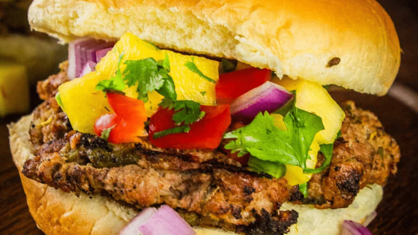Close up of green hatch grilled turkey burger