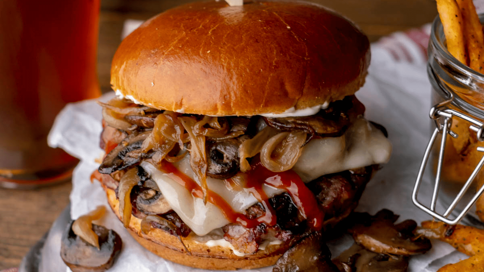 Close up of venison mushroom swiss burger