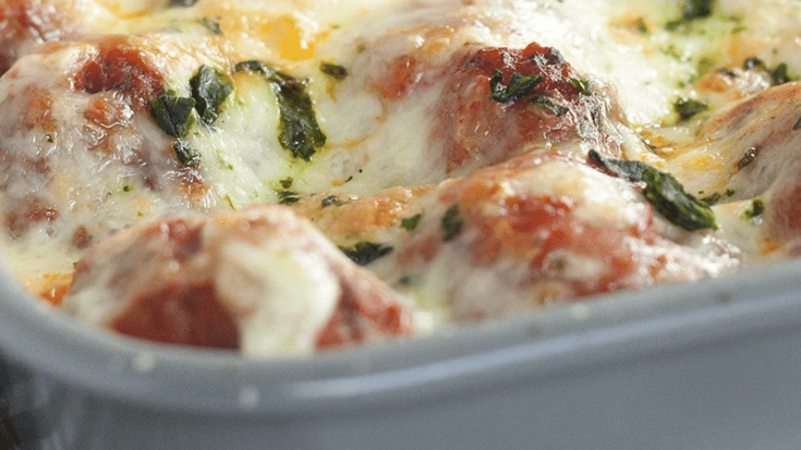 Close up of dish with meatball casserole
