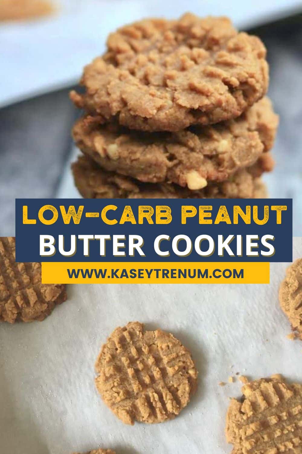 A close-up collage image of freshly baked keto peanut butter cookies stacked in the first image and on a baking sheet on the image underneath. These cookies are light brown in color, with a soft and chewy texture that's perfect for satisfying your sweet tooth on a low-carb diet.