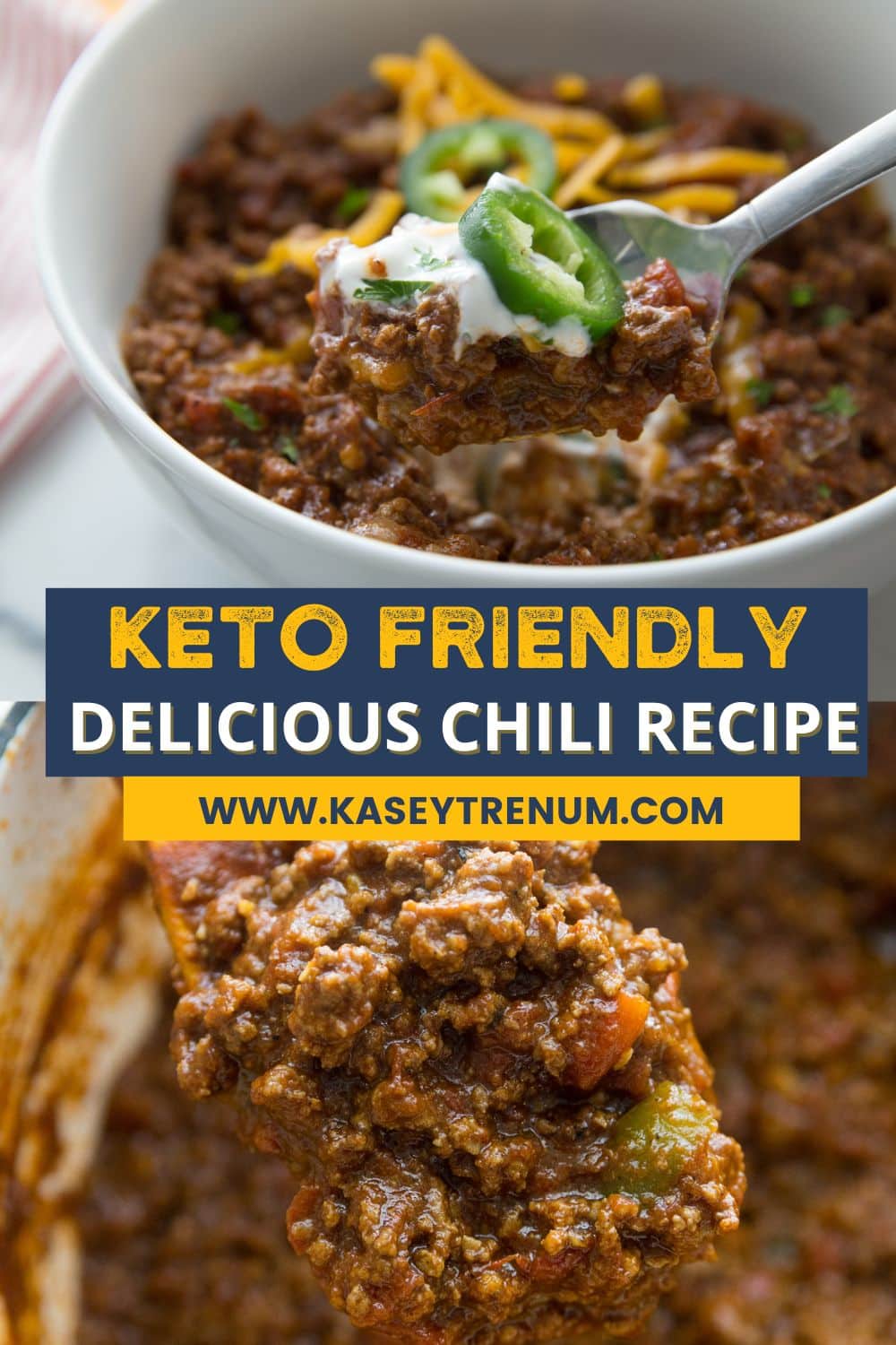collage of two images for keto chili one is in a white bowl with grated cheese on top the other is a pot with a spoon
