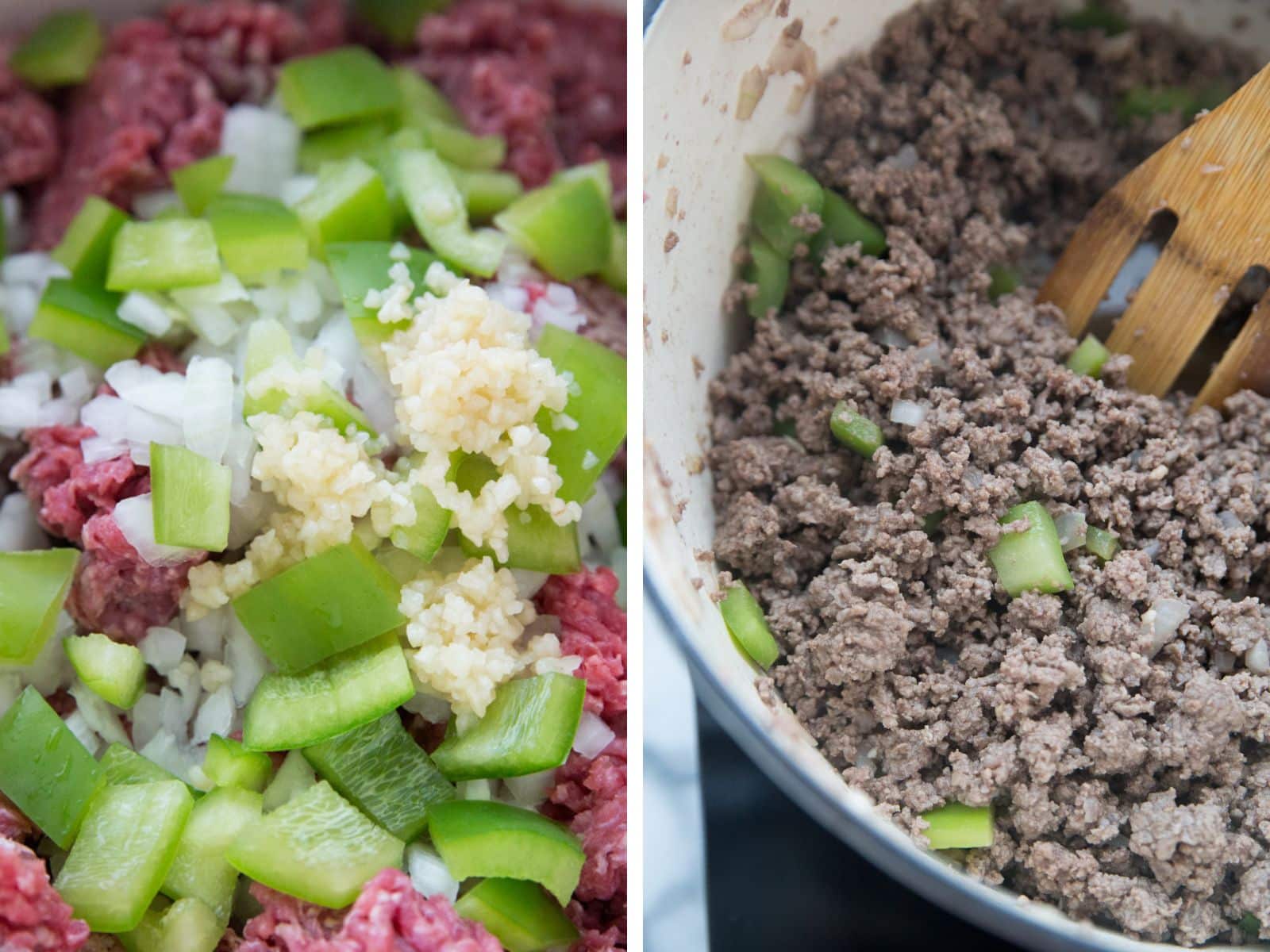 collage of ground beef with onions and green peppers raw in a skillet and ground beef browned in a skillet 