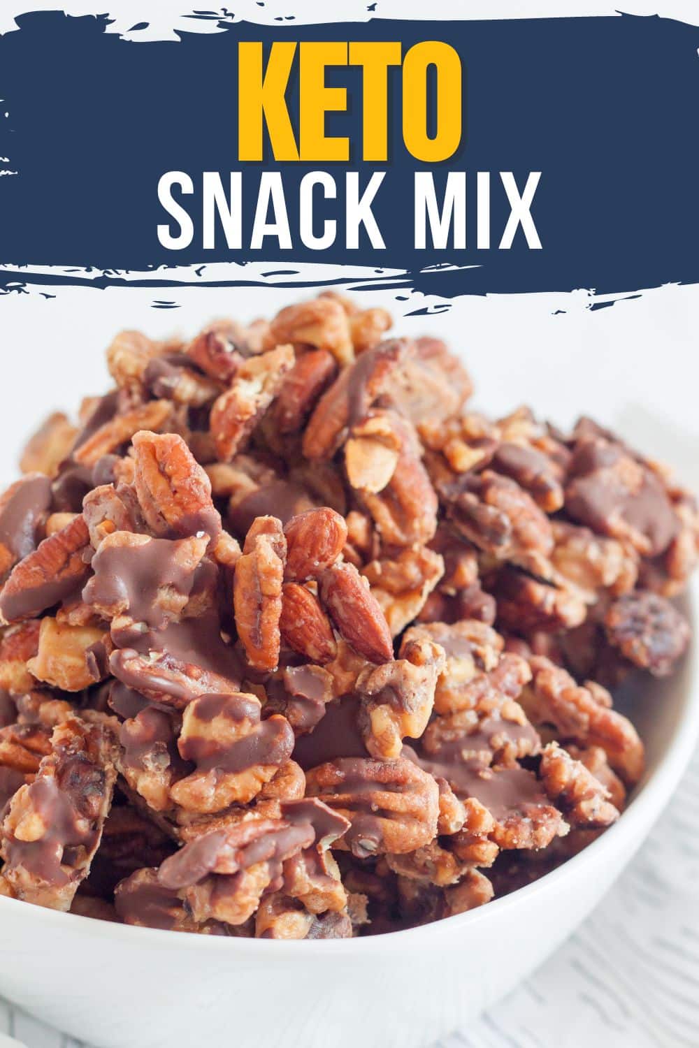 Image of Keto Snack Mix served in a white bowl. Blue banner with yellow and white letters.