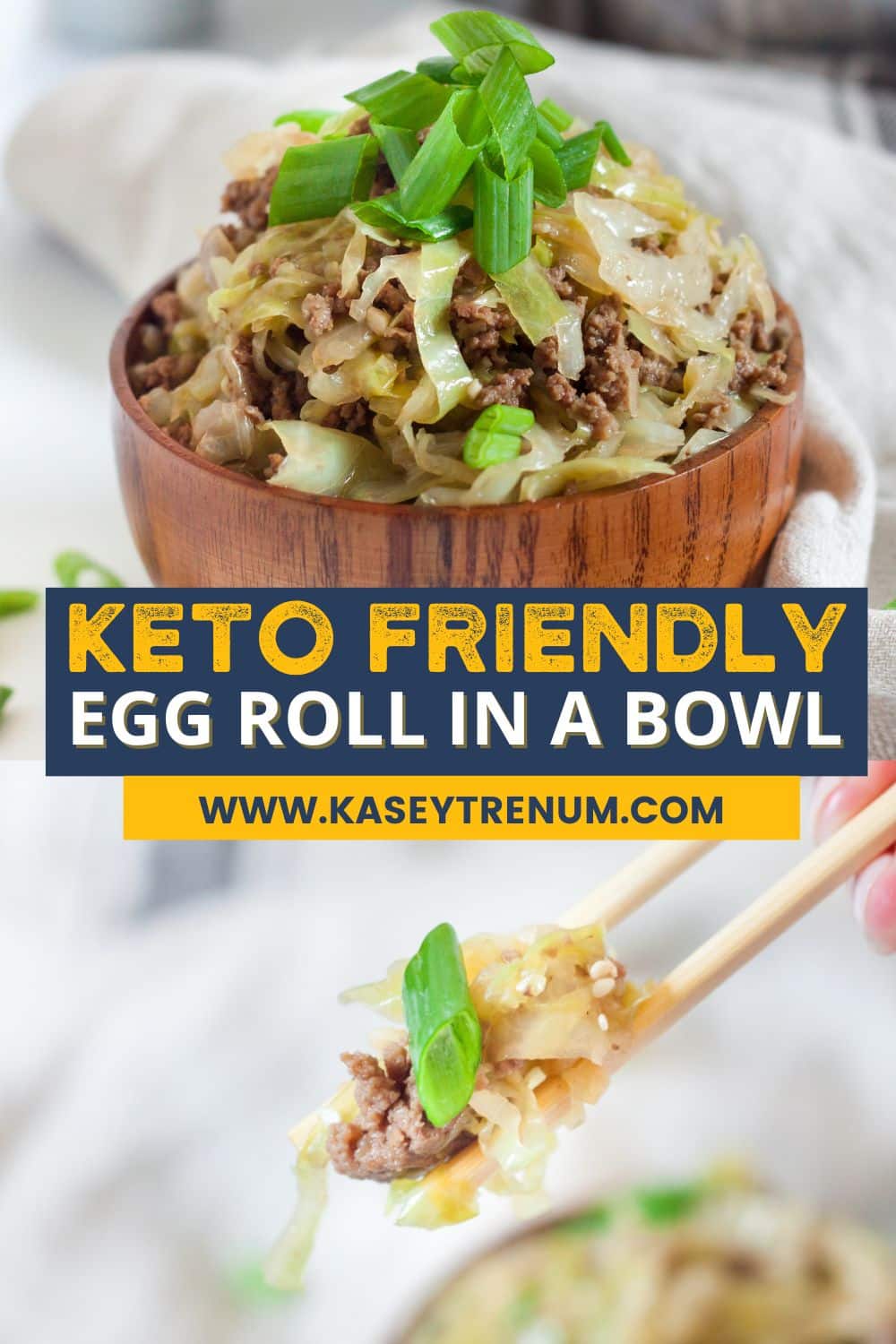 collage image with finished egg roll in a bowl recipe served in a wooden bowl, yellowing and white lettering across a blue banner.