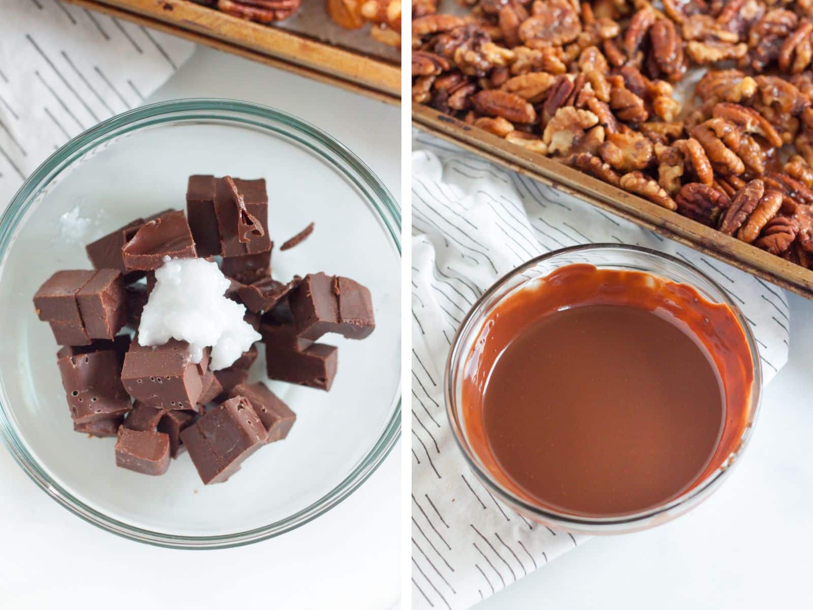Collage image of coconut oil and chocolate being placed in a glass bowl, second picture of melted oil and chocolate.